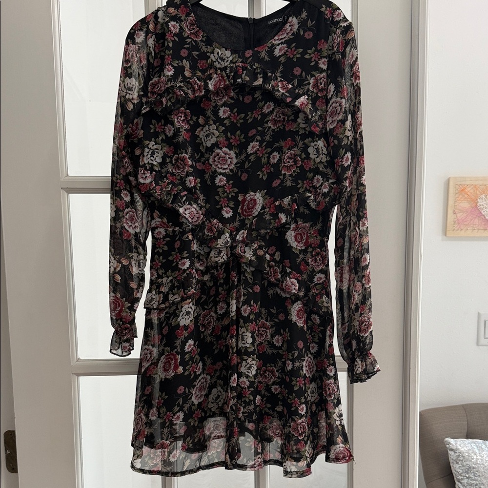 Boohoo Black Floral Dress with Ruffle Accent